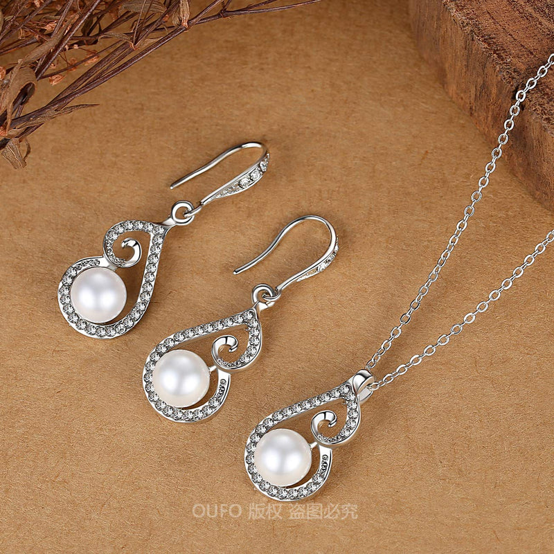 [Australia] - OUFO Artificial Pearl Jewelry Set for Women Necklace and Earrings Crystal Silver Plated Pendant Necklaces Sets for Wedding Gifts 