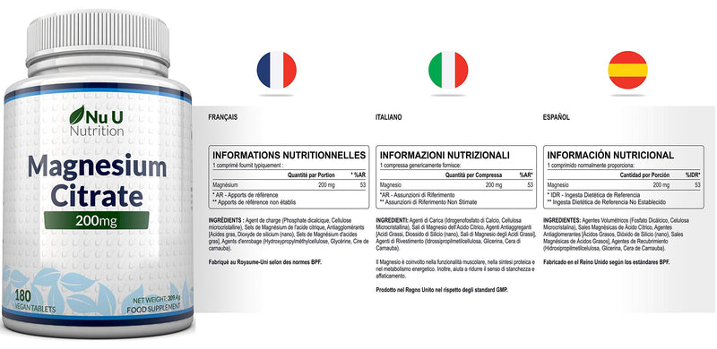 [Australia] - Magnesium Citrate 200mg | 180 Tablets for 6 Month Supply of Magnesium Tablets | Made in The UK by Nu U Nutrition 