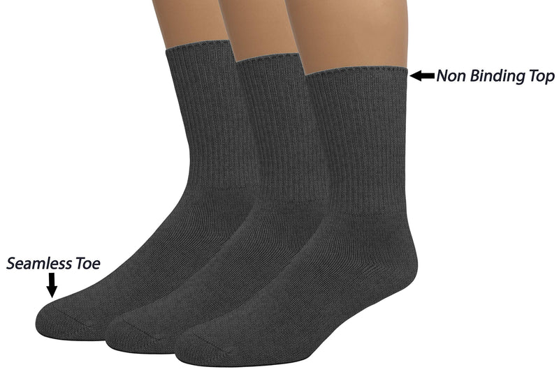 [Australia] - EMEM Apparel Women's Diabetic Crew Cotton Socks | Non-Binding Loose Top | Seamless Toe | 3-Pair | Plus Size Available 10-13 Plus Dark Heather Grey 