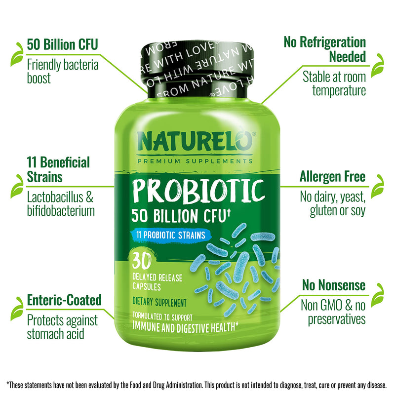 [Australia] - NATURELO Probiotic Supplement - 50 Billion CFU - 11 Strains - One Daily - Helps Support Digestive & Immune Health - Delayed Release - No Refrigeration Needed - 30 Vegan Capsules 30 Count (Pack of 1) 