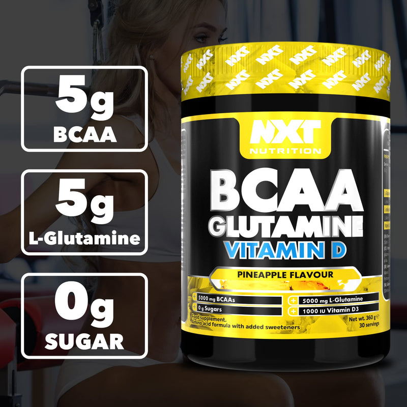 [Australia] - NXT Nutrition BCAA, Glutamine & Vitamin D | BCAAs Amino Acids with Vitamin D3 and L-Glutamine - for Recovery, Gut Health and Muscle Protein Synthesis | 360g - 30 Servings (Pineapple) 