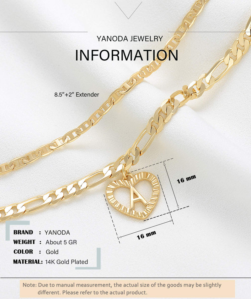 [Australia] - YANODA Initial Ankle Bracelets for Women 14K Gold Plated Layered Figaro Chain Letter Initial Anklets Handmade Layered Heart Ankle Bracelets Personalized Gifts for Women Teen Girls A 