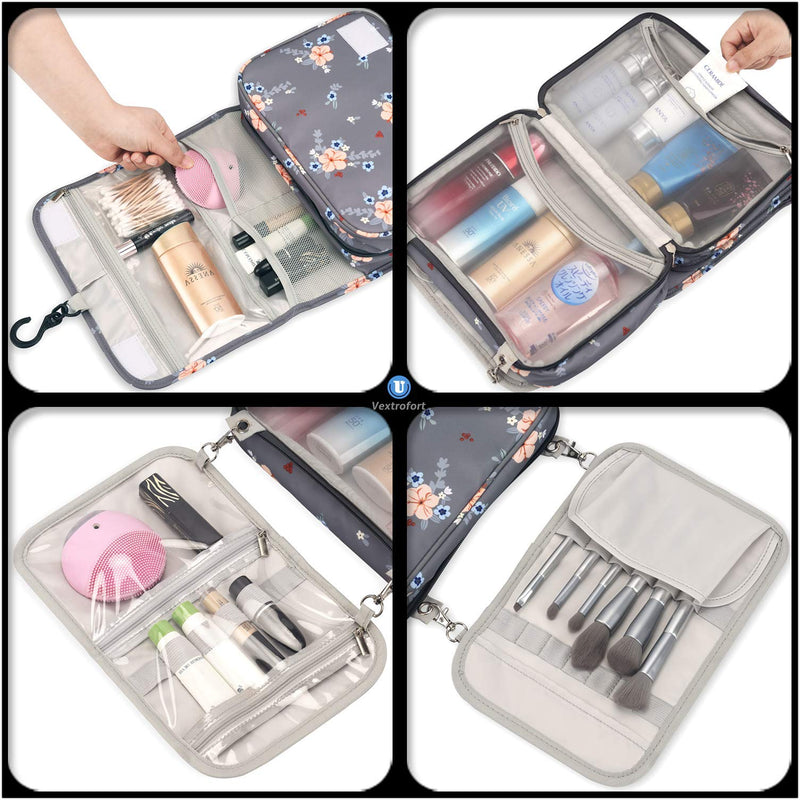 [Australia] - Toiletry Bag for Women, Large Hanging Travel Makeup Bag Water-resistant for Toiletries/Cosmetics/Brushes - Gray Grey Flower 