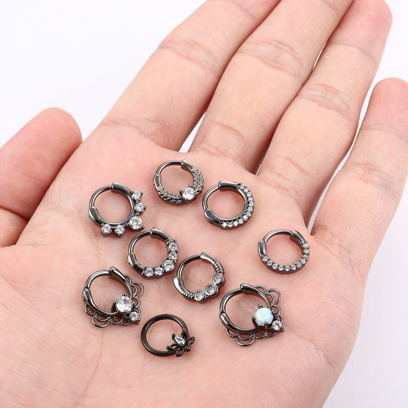 [Australia] - Drperfect 9PCS 16G Septum Rings Opal Daith Earrings Hoop Nose Rings 316L Stainless Steel CZ Cartilage Helix Tragus Earrings Septum Clicker Piercing Jewerly… Black 8.0 Millimeters 