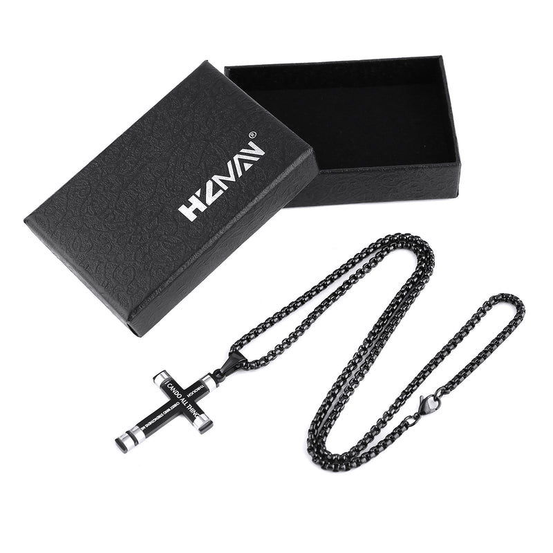 [Australia] - HZMAN Philippians 4:13 Cross Pendant STRENGTH Bible Verse Stainless Steel Necklace 3 Colors Available Black 