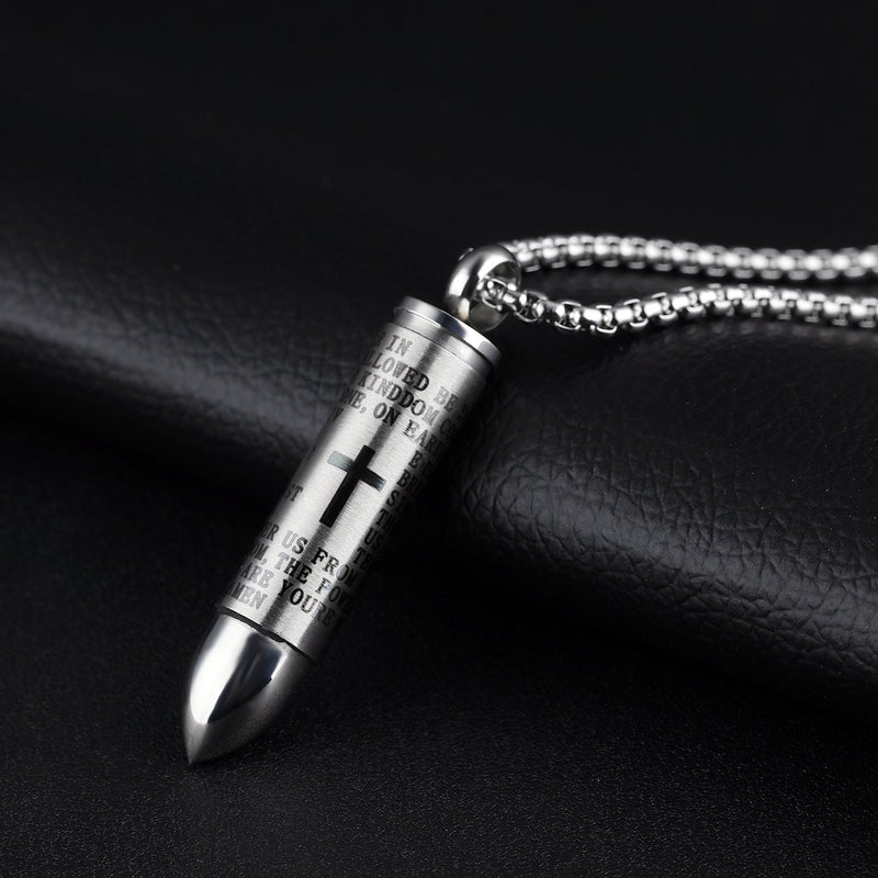 [Australia] - Stainless Steel Bullet Pendant Necklace Cross Lords Prayer in English Urn Ashes Cremation Ashes Urn Necklace Religious Christian Jewelry 21.6" Chain Black 