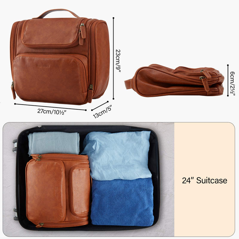 [Australia] - Toiletry Bag, BAGSMART Travel Leather Dopp Kit Large with Hanging Hook, Water-resistant Travel Kit for Full Sized Container, Toiletries, Cosmetics, Shaving (Brown) Brown 