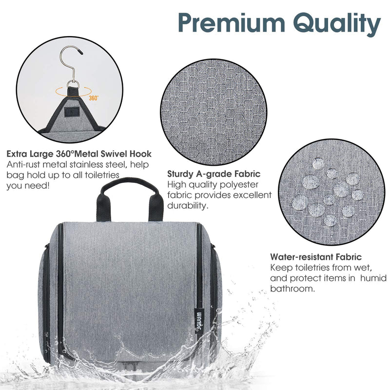 [Australia] - WANDF Travel Toiletry Bag Wash Bag Hanging Toiletries Bag for Men Women Bathroom Bag with Clear Pockets Water-Resistant Grey 