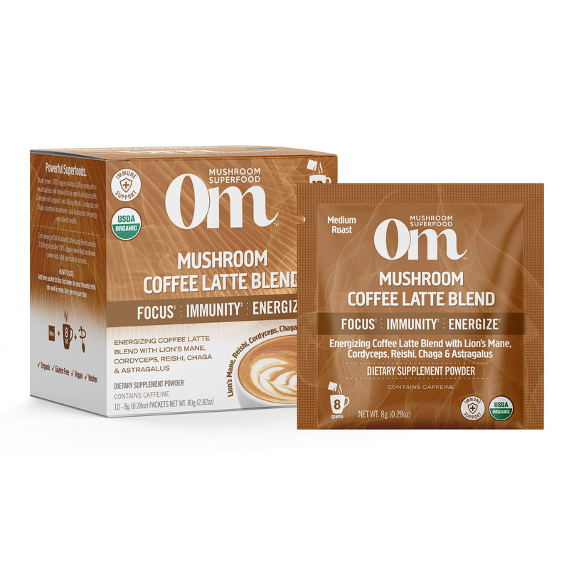 [Australia] - Om Mushroom Superfood Coffee Latte Blend Mushroom Powder, Single Serve, 10 Count, Lion's Mane, Cordyceps, Reishi, Chaga, Energy & Mental Clarity Support Supplement 10 Servings 