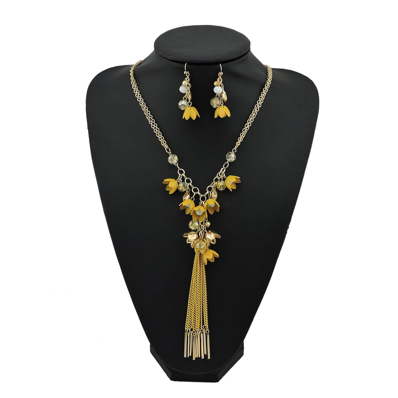 [Australia] - Bocar Long 2 Layer Chain Unique Flower Pendant Tassels Necklace Earrings Women Jewelry Set yolk yellow 