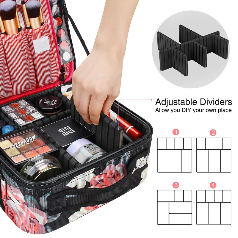 [Australia] - Relavel Travel Makeup Bag 2 Layer Heighten Makeup Train Case Cosmetic Storage and Organizer Box Portable Makeup Carrying Case with Shoulder Strap and Adjustable Dividers (Peony Pattern) Small 1 Peony Pattern 