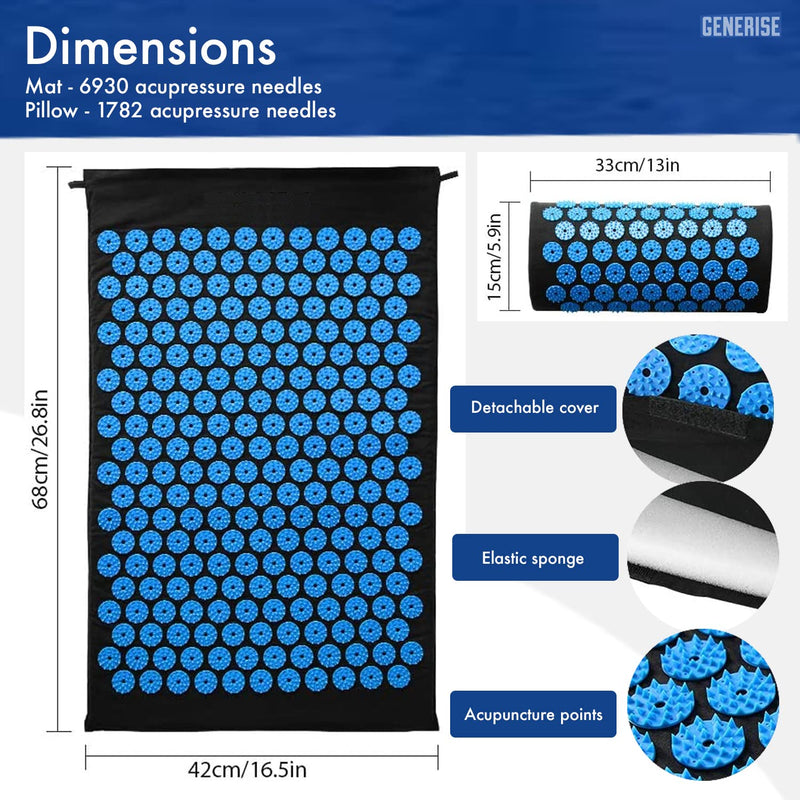 [Australia] - Acupressure Mat Generise Accupressure Body Mat and Pillow Set for Men & Women - Back, Neck and Muscle Pain Relief - Includes Travel Bag with Adjustable Strap (Black with Blue Spikes) Black With Blue Spikes 