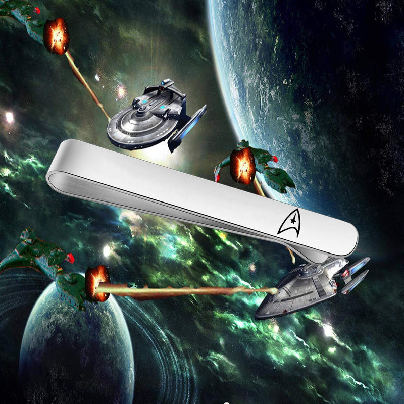 [Australia] - BEKECH Star Trek Gifts for Men Star Trek Symbol Engraved Tie Clip Gift for Star Trek Lovers Movie Inspired Jewelry Gift for Trekkie Men Geek Gift for Him silver 