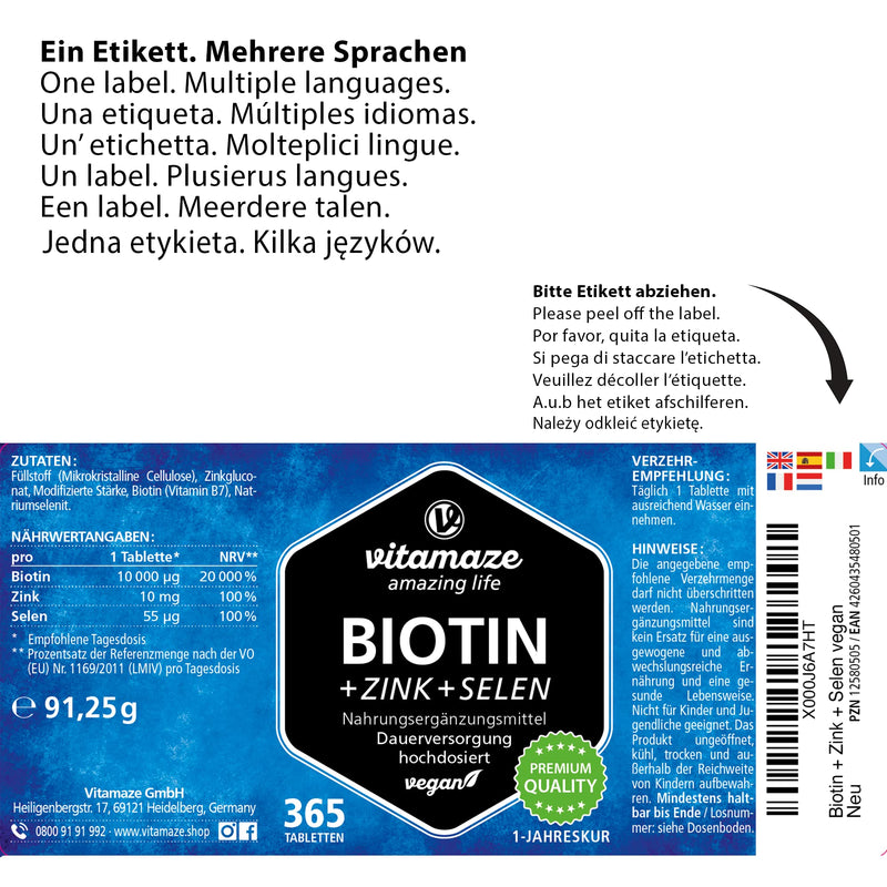 [Australia] - Biotin Hair Growth 10.000 mcg Complex - with Selenium and Zinc - 1 Year Supply for Hair, Skin and Nails - 365 Vegan Tablets - German Quality - Vitamaze� 
