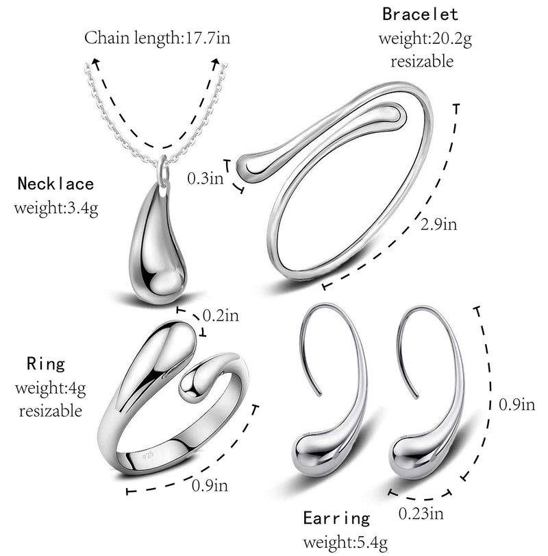 [Australia] - Anlsen 4PCS Sterling Silver Jewelry Set for Women Teardrop Pendant Necklace Earring Bracelet and Ring Jewelry Gifts A:Silver suit 