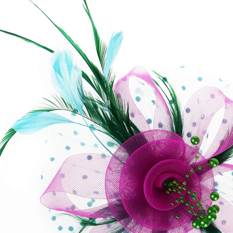 [Australia] - DRESHOW Fascinators Hat Flower Mesh Ribbons Feathers on a Headband and a Clip Tea Party Headwear for Girls and Women Za 7" Diameter/ Green Deeppink Blue 