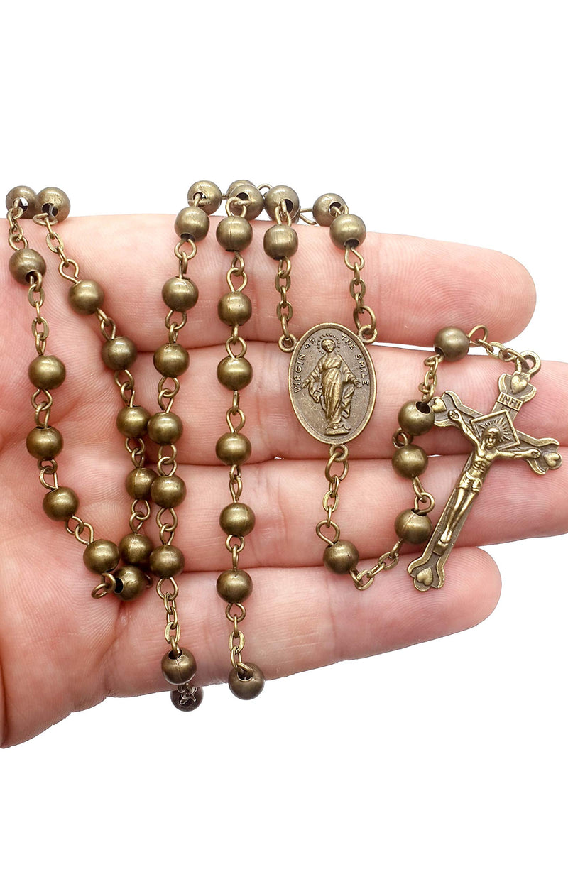 [Australia] - Nazareth Store Metal Beads Combat Rosary Necklace St Therese Virgin Of The Smile Medal with Crucifix Vintage Design - Velvet Bag 