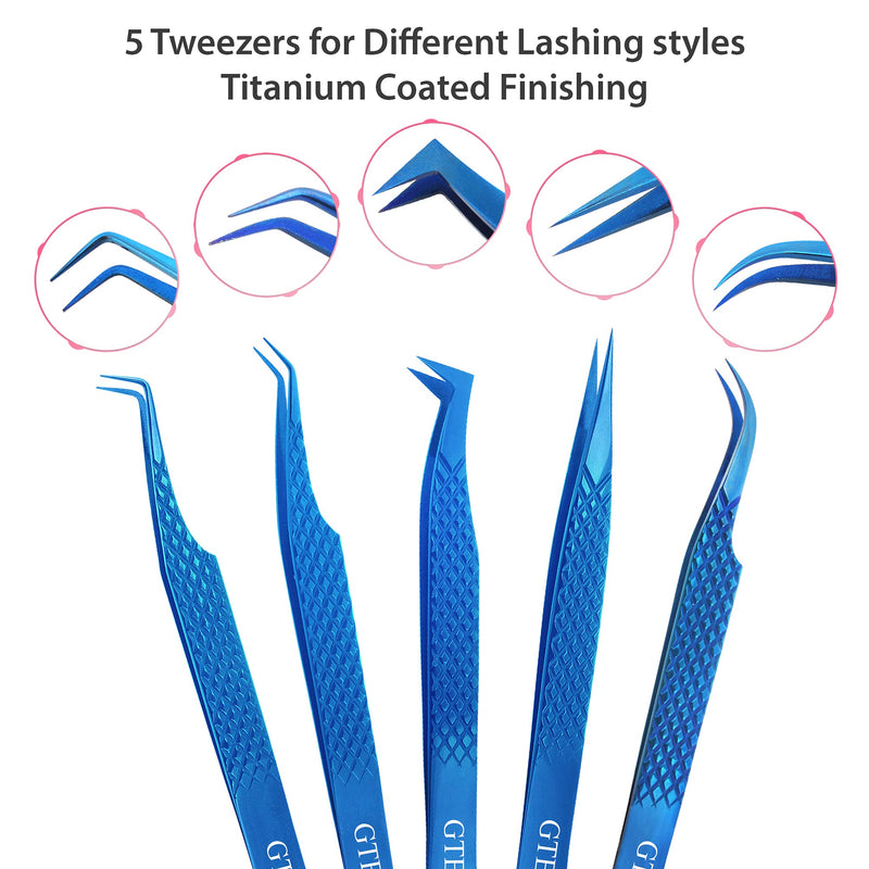 [Australia] - GTEX Lash Eyelash Extension Tweezers Set of 5, Japanese Stainless Steel Tools Straight Curved 45 90 Degree Angled Tip, Volume Tweezers Precision (Blue) Blue 