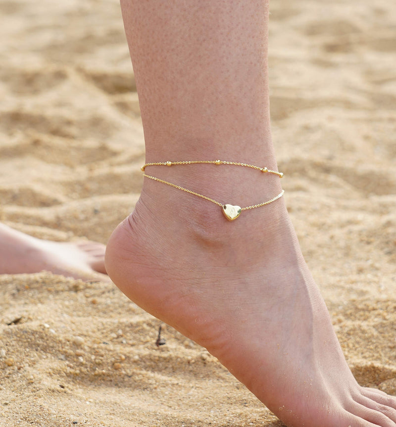 [Australia] - Initial Heart Anklet Bracelet Layered Heart Letter A to Z Bead Chain Anklet for Women 14K Real Gold Plated Beach Jewelry M 