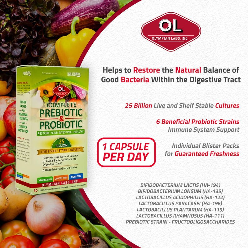 [Australia] - Olympian Labs Complete Prebiotic and Probiotic Supplement - 25 Billion Live Shelf Stable Cultures - 30 Vegetarian Capsules Standard 