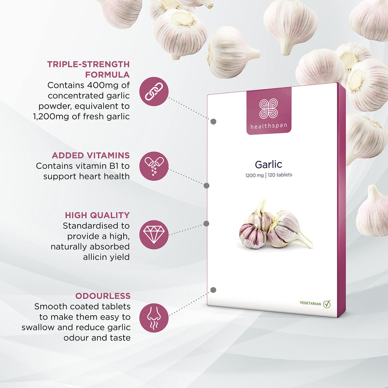 [Australia] - Healthspan Garlic 1,200mg | 120 Tablets | Heart Health |Added Vitamin B1 | Triple-Strength Formula | Odour-Controlled | Vegetarian 