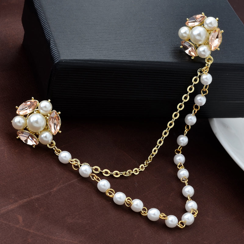 [Australia] - OBONNIE Champagne Tone Crystal Pearl Daisy Flower Brooches Pins with Pearl Chain Tassel Sweater Guard Clip Pin 