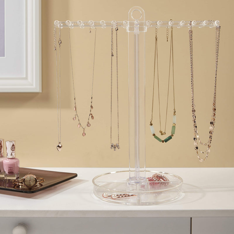 [Australia] - Clear Plastic Necklace Holder with 30 Individual Pegs and Divided Jewelry Tray 