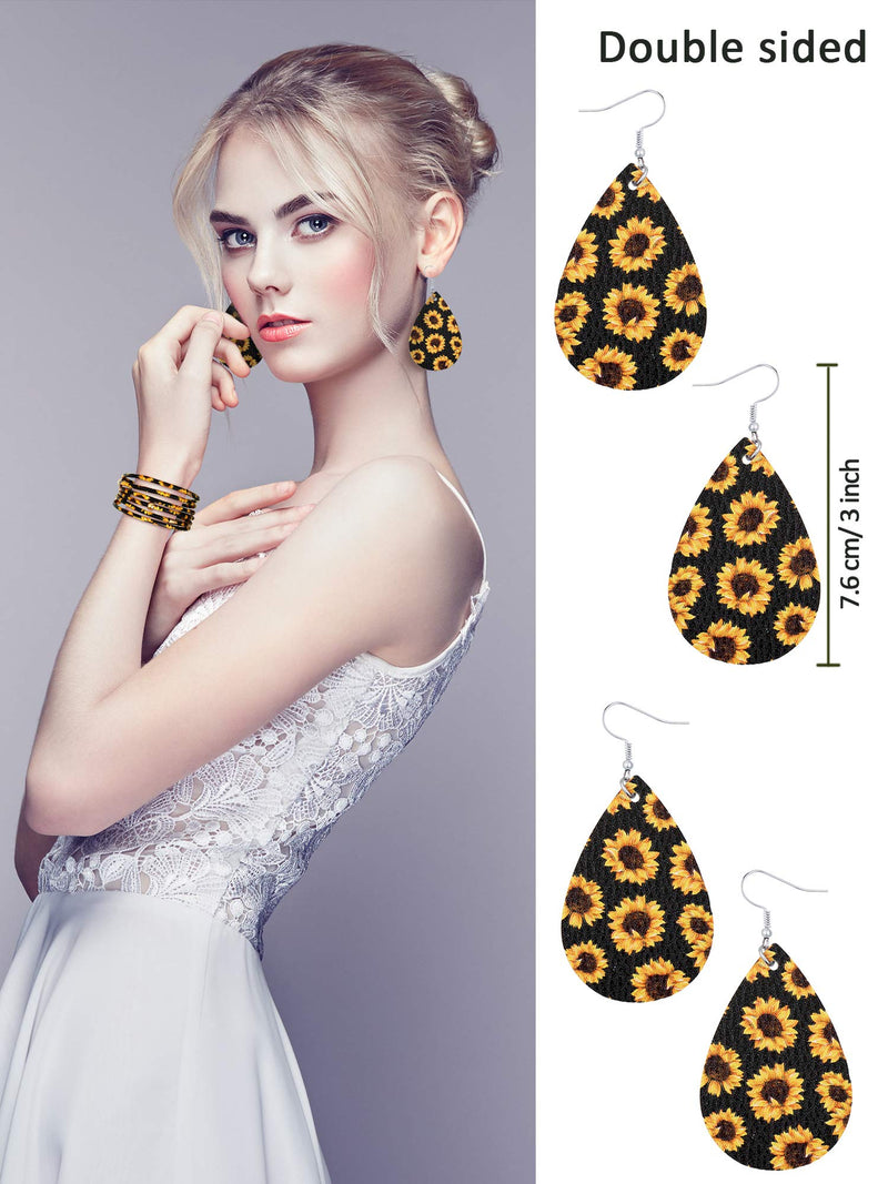 [Australia] - Hicarer 3 Pieces Sunflower Print Jewelry Set Sunflower Multi-Layer Bracelets Faux Leather Dangle Earrings Necklace for Women Black Background 