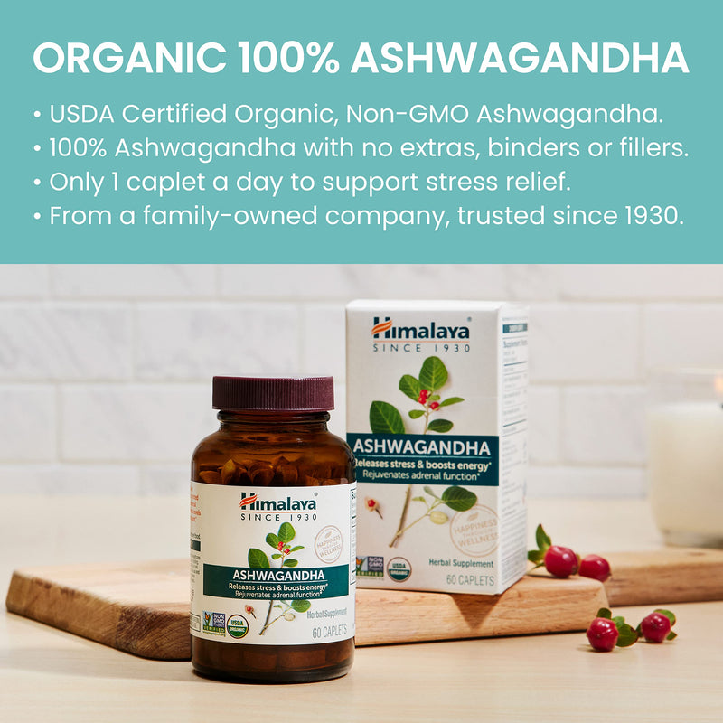 [Australia] - Himalaya Organic Ashwagandha, 2 Month Supply for Stress Relief, USDA Certified Organic, Non-GMO, Gluten-Free Supplement, 100% Ashwagandha powder & extract, 670 mg, 60 Caplets CAPLET 