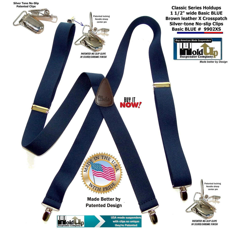 [Australia] - Hold-Ups 1 1/2" Wide Classic Series Suspenders in X-back style w/Patented No-slip Silver Clips Blue 