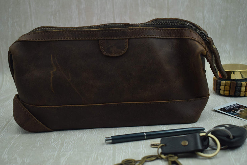 [Australia] - Overdose -Genuine Buff Leather Brown Travel Toiletry Bag Organizer, Shower Dopp Kit 6x8" 