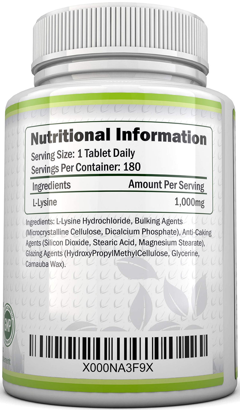 [Australia] - L-Lysine 1000mg | 180 Tablets (6 Month Supply) | Vegetarian and Vegan L lysine 1000mg by Nu U Nutrition 