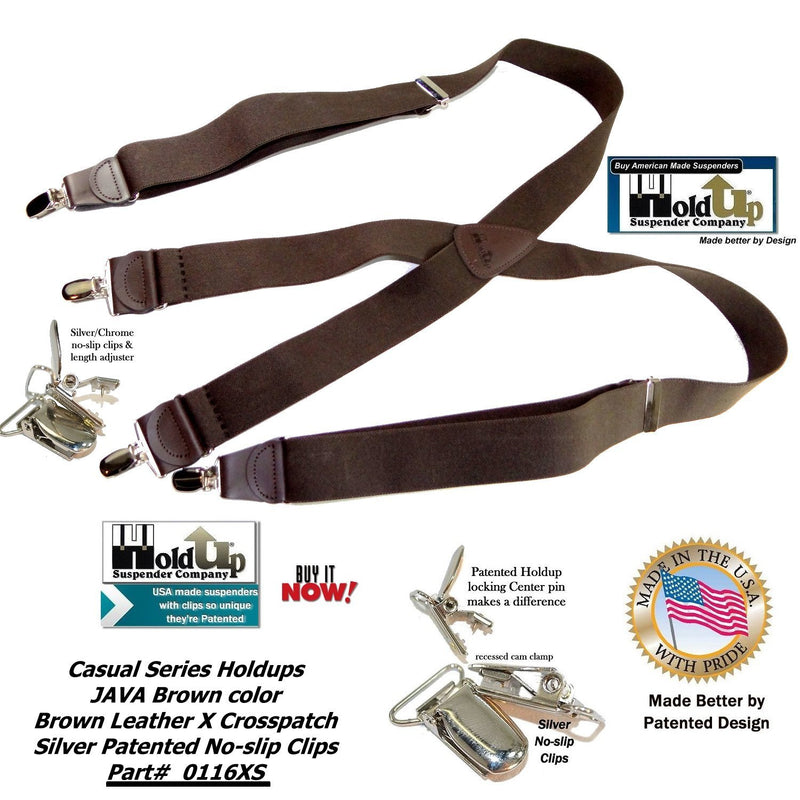 [Australia] - Hold-Up Dark Java Brown X-back Suspenders with Patented No-slip Silver Clips 