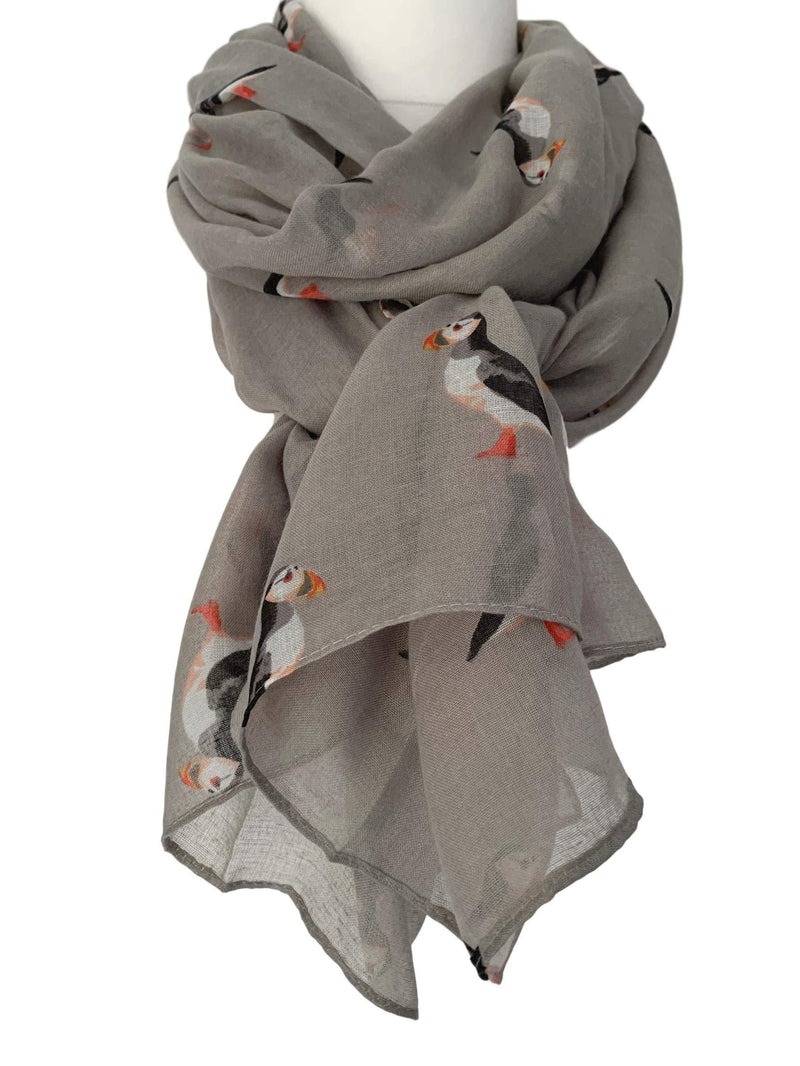 [Australia] - Purple Possum® Puffin Scarf Ladies Puffins Shawl Cute Large Bird Print Wrap Birds Grey 