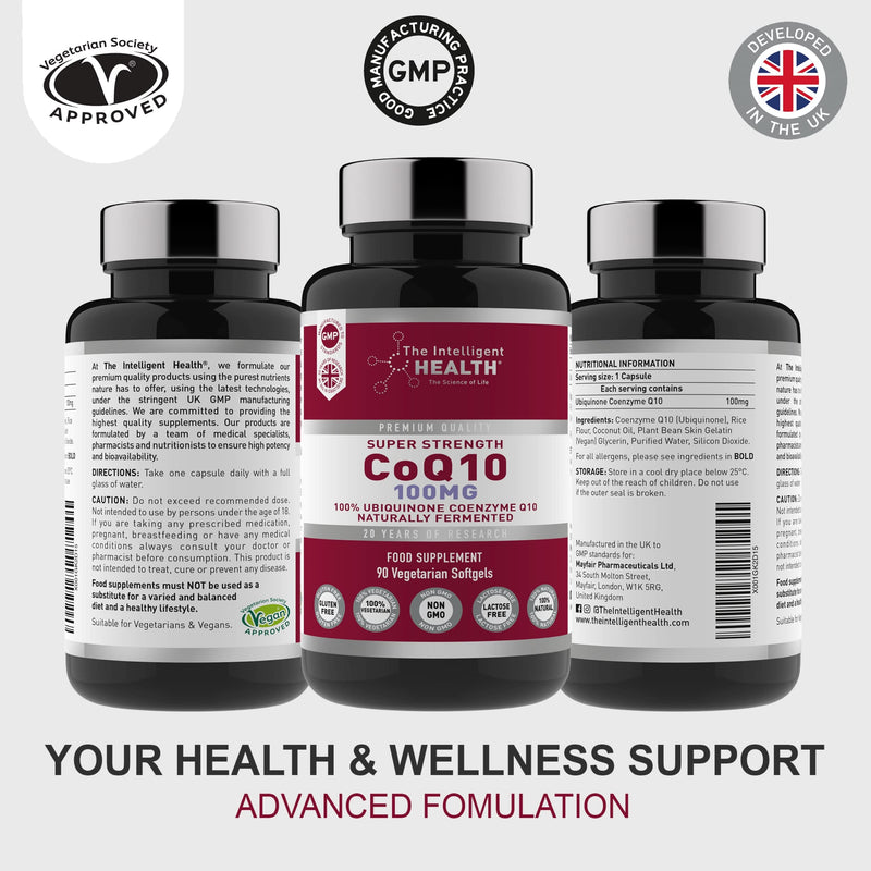 [Australia] - Ubiquinone Coenzyme Q10 100mg Softgel Capsules, 90 Super Strength Vegetarian Friendly Naturally Fermented High Absorption CoQ10 Capsules Made in The UK to GMP Standards – by The Intelligent Health 100 MG - 90 Capsules 