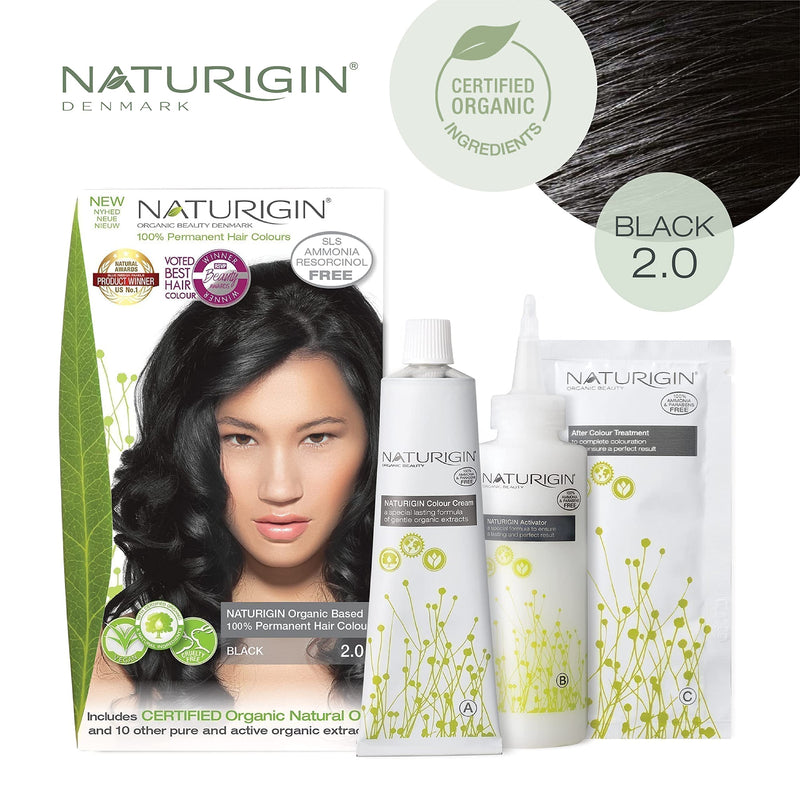 [Australia] - Naturigin Black Hair Dye 2.0 - Permanent Hair Color 100% Grey Coverage - Certified Organic Natural Ingredients, Deeply Nourishes the Hair - Ammonia Free, Vegan, Long Lasting Results Black-2.0 