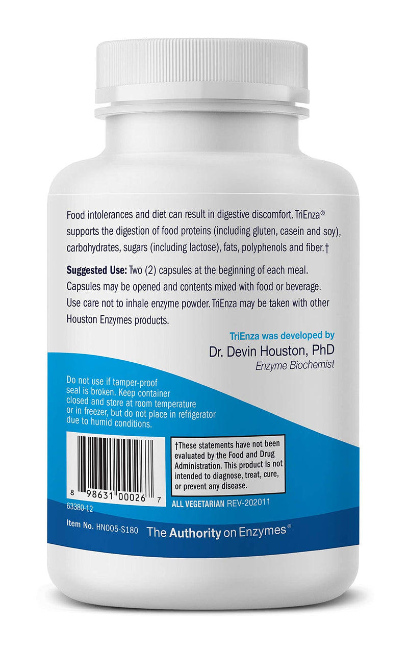 [Australia] - Houston Enzymes – TriEnza – 180 Capsules (90 Doses) – Broad-Spectrum Enzymes for Digestive Intolerances – Supports Digestion of Gluten, Casein, Soy, Proteins, Carbohydrates, Sugars, Fats & Polyphenols 180 Count (Pack of 1) 