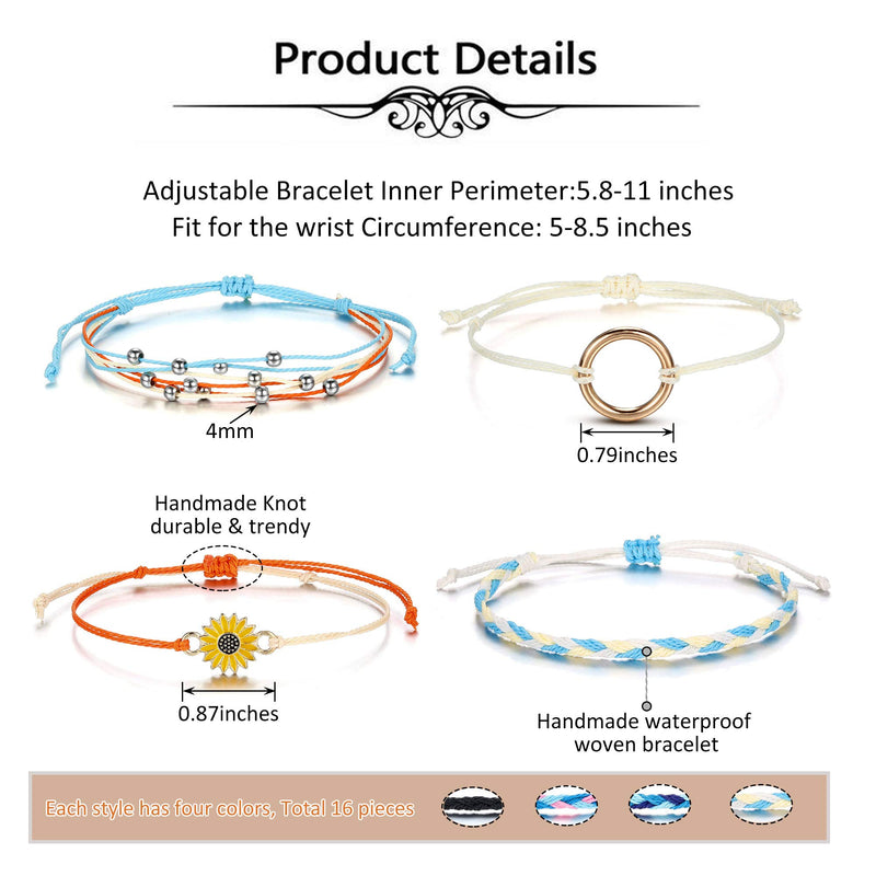 [Australia] - Top Plaza 4 Pcs Summer Surfer Wave Anklet Bracelets for Women Adjustable Strand Braided String Rope Bracelets Sunflower Friendship Bracelets Ocean Beach Jewelry for Women Teen Girls 4 Sets -16 Pcs 