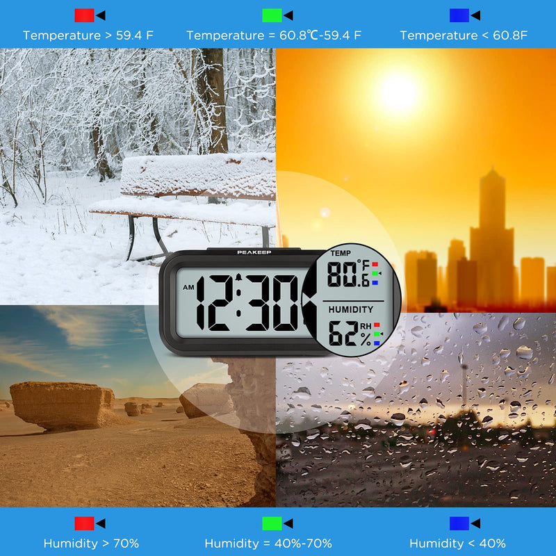 [Australia] - Peakeep Alarm Clock Battery Operated - Indoor Temperature Humidity Digital Display for Bedrooms, Smart Night Light, Small Easy Desk Bedside Gifts Clock Black 1 