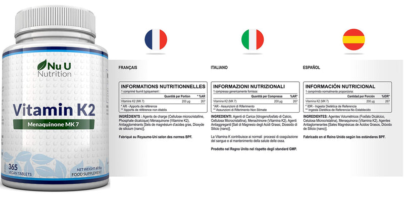 [Australia] - Vitamin K2 MK 7 200mcg - 365 Vegetarian and Vegan Tablets (not Capsules) - One Year Supply of High Strength Vitamin K2 Menaquinone MK7 from Trans-Isomer by Nu U Nutrition 