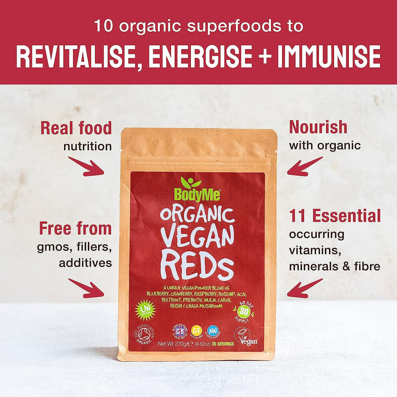 [Australia] - BodyMe Organic Vegan Reds Powder | 270g | Super Reds Blend | with Blueberry Cranberry Raspberry Rosehip Acai Beetroot Prebiotic Inulin Carob Chaga Mushroom Reishi Mushroom 