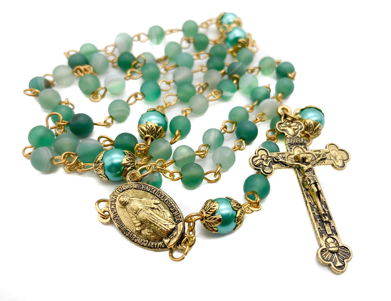 [Australia] - Nazareth Store Catholic Gold Rosary Necklace Matte Stone Beads Green 10mm Pearl Round Beads Miraculous Medal & Cross - Velvet Bag 