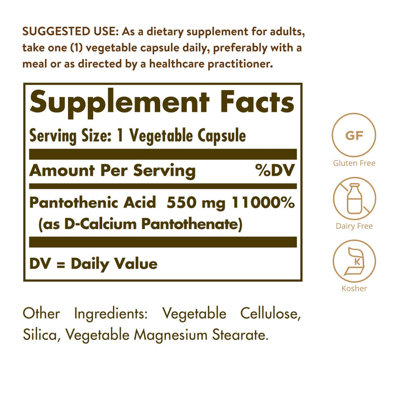 [Australia] - Solgar Pantothenic Acid 550 mg, 100 Vegetable Capsules - Vitamin B5 - Energy Metabolism, Nervous System Support - Gluten Free, Dairy Free, Kosher - 100 Servings 100 Count (Pack of 1) Standard Packaging 