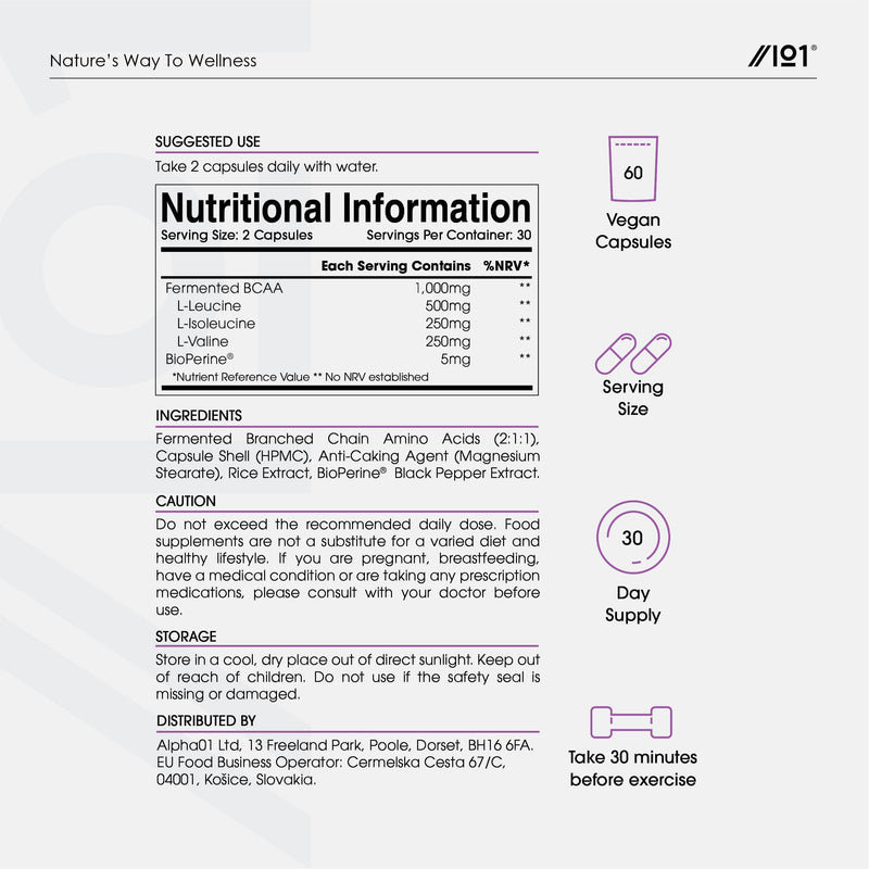 [Australia] - Fermented BCAA 2:1:1 with BioPerine® - 1000mg - High Strength Branched Chain Amino Acids Supplement - Not Tablets or Powder , Halal, 60 Capsules 2:1:1 (60 Caps) 