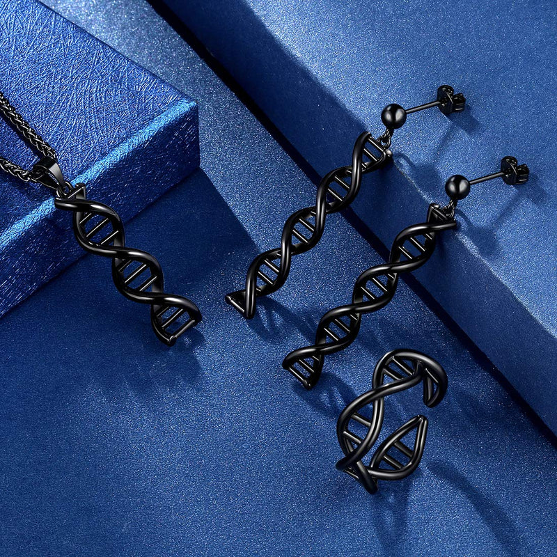 [Australia] - Beautlace DNA Double Helix Chemistry Science Molecule Biology Necklace and Earrings Jewelry Set Silver/18K Gold/Black Gun Plated Jewelry for Women and Girls Black gun plated necklace/earring/ring set 