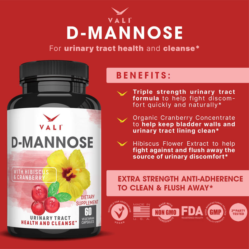 [Australia] - VALI D-Mannose 1000mg Urinary Tract Health Formula. Organic Cranberry Fruit Powder & Hibiscus. Healthy Bladder, Natural Cleanse, Fast Detox Flush, Herbal UT Function Support Pills. 60 Veggie Capsules 
