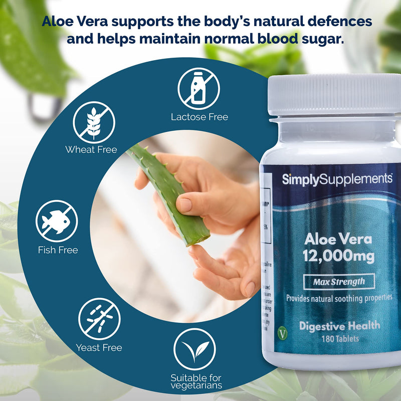 [Australia] - Aloe Vera Tablets 12,000mg | Digestive Support Supplement | Vegan & Vegetarian Friendly | 180 Aloe Vera Extract Tablets = 3 Month Supply | Manufactured in The UK 