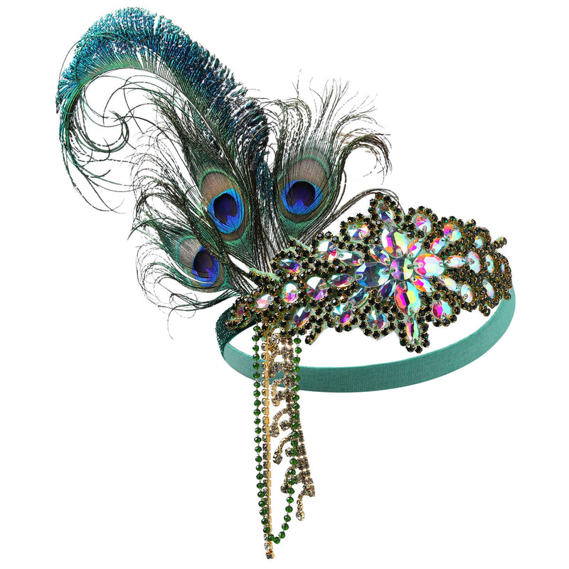 [Australia] - BABEYOND Women's 1920s Headband Flapper Feather Headpiece with Chain Roaring 20s Great Gatsby Themed Party Hair Accessory (Peacock) Peacock 