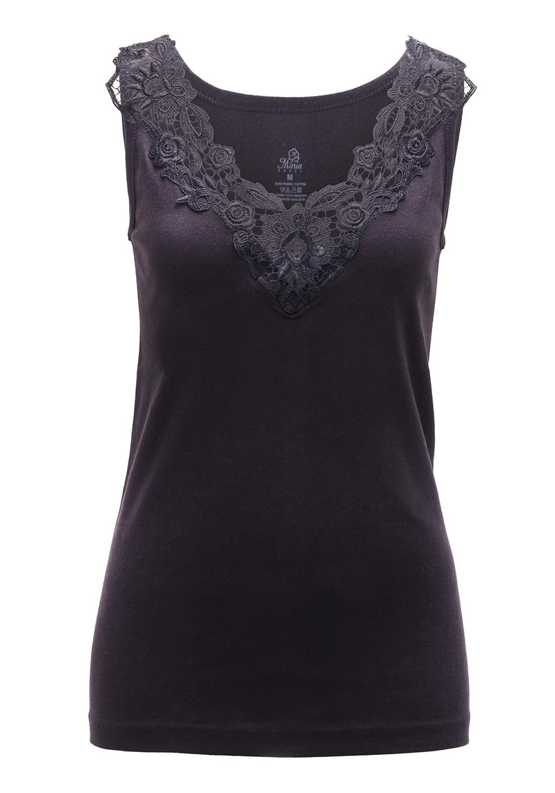 [Australia] - Maria Angel Ladies Plain Cotton Wide Strap Vest Top Lace Trim Neck Design Cami Tank Camisole 18-20 Black 