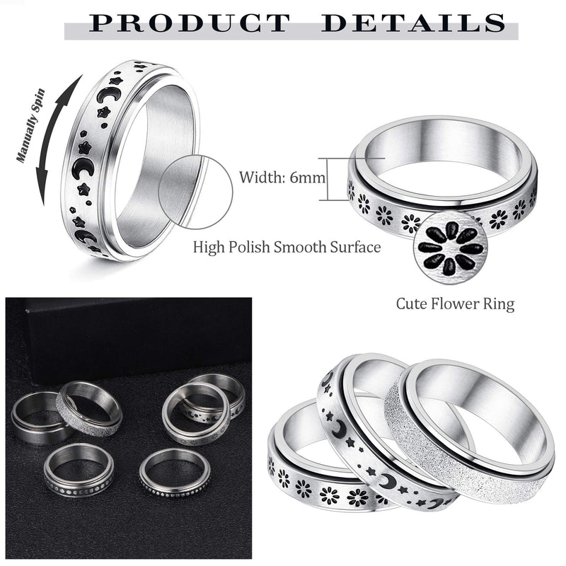 [Australia] - FIBO STEEL 6Pcs Stainless Steel Spinner Ring for Women Fidget Band Rings Moon Star Sand Blast Finish Ring Set for Stress Relieving Wedding Promise Size 5-11 6 
